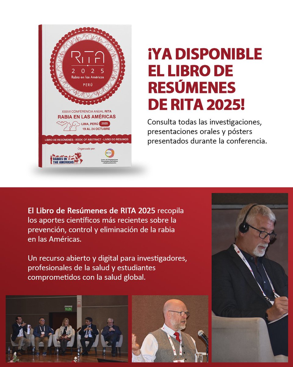 📘 ¡Disponible el Libro de Resúmenes de #RITA2025!
Consulta los estudios y presentaciones más recientes sobre la rabia en las Américas 🧠🌎
🔗 drive.google.com/file/d/1JqEpuL…

#RabiesInTheAmericas #SaludPública #Investigación