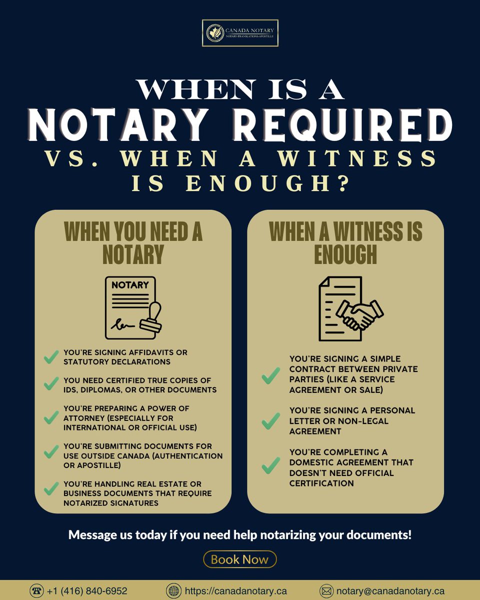Canada_notary's tweet photo. Need a notary or just a witness? 👀
Here’s how to know the difference before you sign! 🖋️
Visit https://t.co/vlcVx5INXn to get your documents notarized today. 💼
#Notary #LegalTips #CanadaNotary #DocumentHelp #TorontoNotary https://t.co/iweGACL4lb