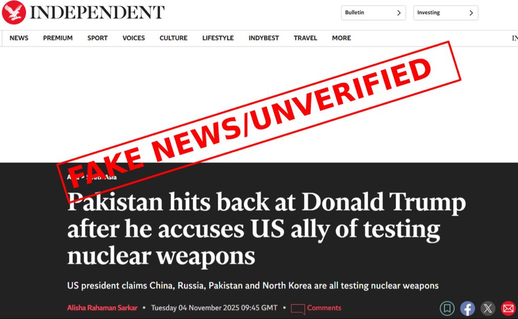 FactCheckerMoIB's tweet image. Fact Check: *Did a Pakistani official respond to Trump’s nuclear testing claim via CBS News?*

Claim:
Indian and Western media outlets, including The Independent (UK), NDTV, and News18 — reported that “a senior Pakistani official told CBS News” the country would not resume…