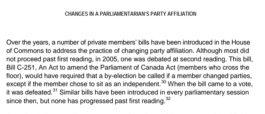 NSValley's tweet image. From "Changes in a parliamentarian's party affiliation" by Michael Dewing.  

Bills to address the practice of changing party affiliation have been introduced to the House every year since 2005, but none has progressed past first reading.

publications.gc.ca/site/eng/9.831…