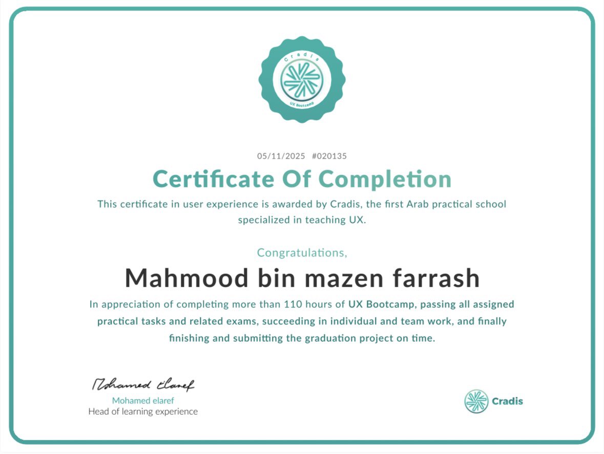 Mahmoodbinmazen's tweet image. كل ساعة من الـ١١٠ ساعات، كنت اغوض فيها في ببحر تجربة المستخدم 🌊🧠

احب اشارككم حصولي على شهادة معسكر تصميم تجربة المستخدم التدريبي من @Cradisar 

احترم واقدر كل تجربة تعليم (LX) 
شكرا لـ@Cradisar 
كل الشكر والتقدير على الجهد العظيم: @mohamed_el3aref 

#UX #UserExperience