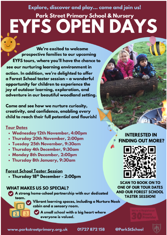 EYFS Open Days - EYFS tours: forms.office.com/e/6J2D98qHih #ParkStreet #nurseryadmissions #opendays #EYFS #tours #forestschool