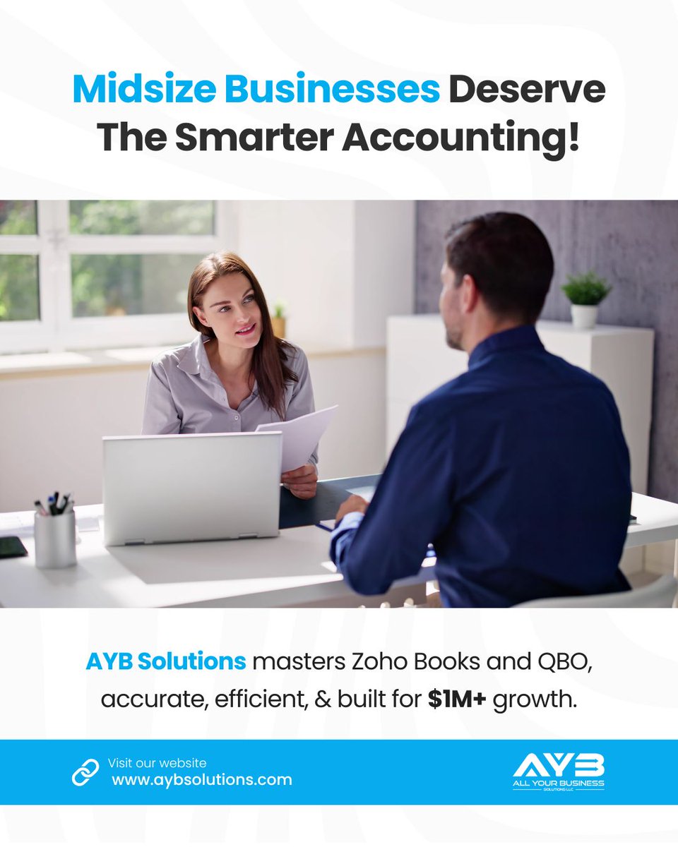 AYBSolutions's tweet image. Managing over $1M in revenue? You need accounting that scales with you. 💼

At AYB Solutions, we specialize in Zoho Books &amp;amp; QBO giving midsize businesses precision, clarity, and growth-ready systems.

📱407-749-1120
🔗aybsolutions.com

#AYBSolutions #ZohoBooks #QBOExperts