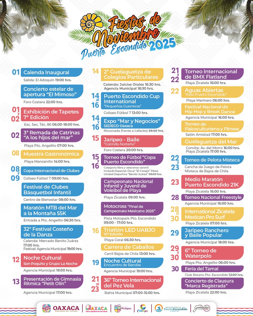🌊✨ ¡Llegaron las Fiestas de Noviembre Puerto Escondido 2025!
Del 1 al 30 de noviembre, vive música, tradición y alegría frente al mar. 🎶
Consulta la cartelera y disfruta la magia de la Costa Oaxaqueña. 🎉
#FiestasDeNoviembre   #CostaOaxaqueña #TierraOrgullosaDeSusRaíces