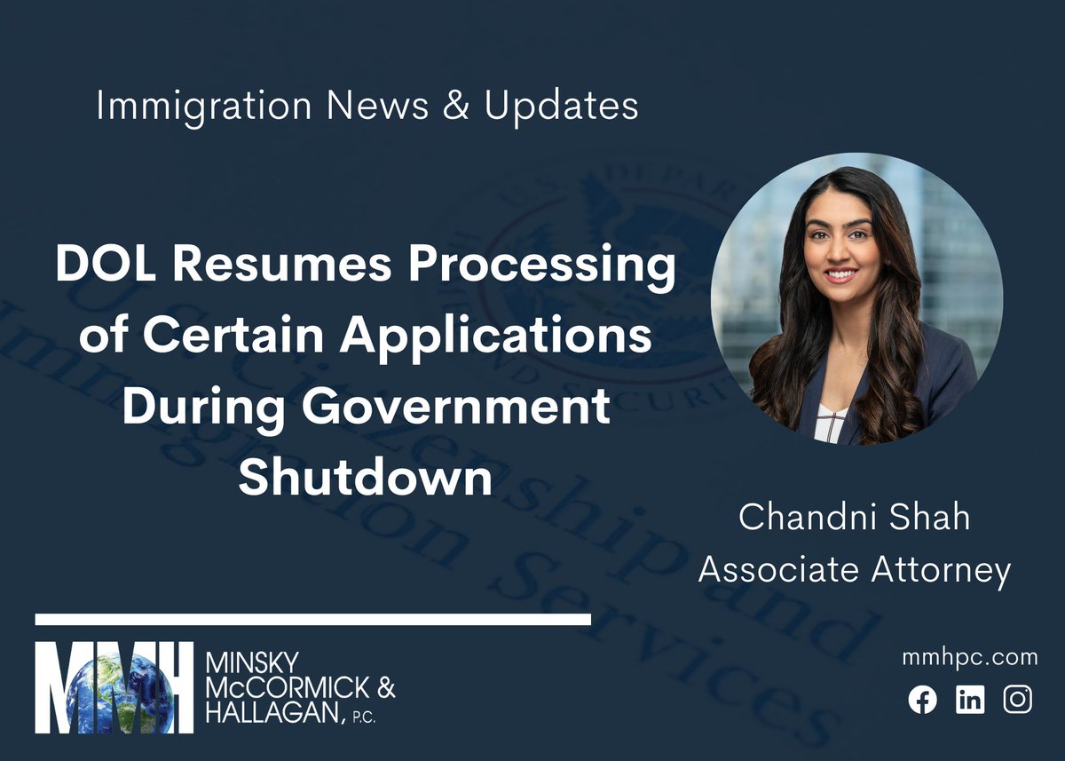 MMHPC's tweet image. Special thanks to Attorney Chandni Shah for contributing to our blog with valuable updates on DOL resuming processing of certain applications during government shutdown. Stay informed with our recent post.

#DOL #immigration #governmentshutdown

mmhpc.com/dol-resumes-pr…