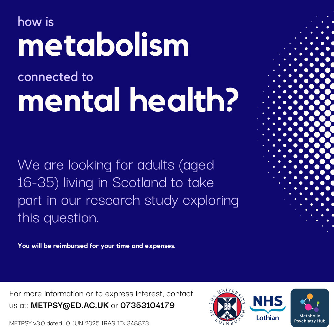 HubMetPsych's tweet photo. Our #METPSY study explores how metabolism connects to mental health. 

Yesterday, we hit 25% of our recruitment target! 🎉

Interested in taking part? Recruitment is still open! Get in touch with the METPSY team to learn more 👇

📩metpsy@ed.ac.uk
 🔗https://t.co/qQ2wfVGfQE https://t.co/hgH9lcwvCQ