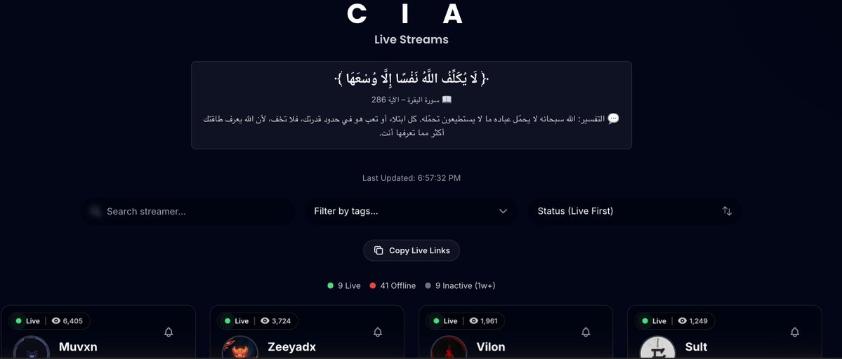 و اخيرا موقع للستريمرز الي يبثون في الCIA 🤯

اي شخص يبث يطلعلك لما تخش الموقع ، فوق 50 ستريمر من الCIA 🔥

زيد عليها انو فيه تاقات للأقسام و الموقع بالعربي و الانقليزي

أن كان نسينا احد فهي سقطت سهوا و اكتبو الي نسيناهم بالكومنتس

cia-streams.netlify.app