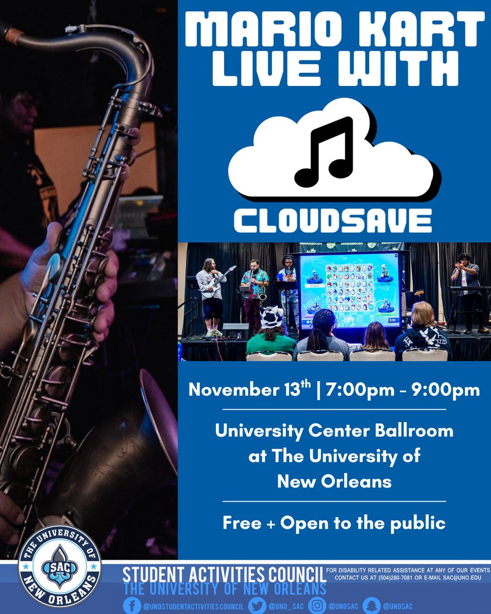 CLOUDSAVEBAND's tweet image. MORE MKL LET&apos;S GO

Join us on November 13th at 7pm at the UNO University Center Ballroom for an evening of music and racing. While you play the tracks of Mario Kart, CLOUDSAVE will play the music! This event is open to the public, so be sure not to miss it.
@UNO_SAC