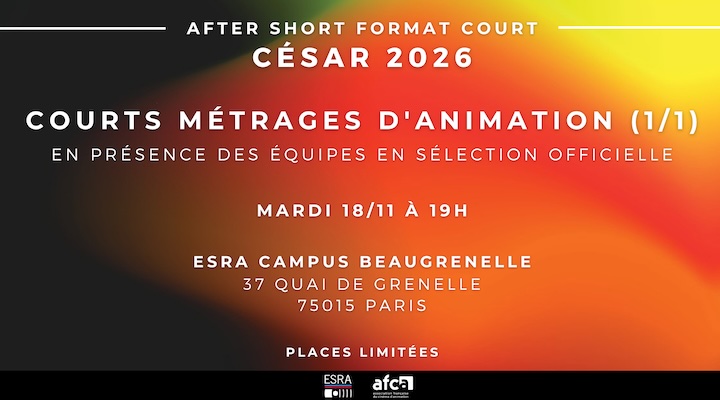 😄Nouvel After Short consacré aux courts-métrages d'animation en lice aux César 2026, avec <a href="/GROUPEESRA/">ESRA Officiel</a> et l'AFCA, le mardi 18/11 prochain. En présence de 7 équipes de films et 13 professionnels ! Infos : formatcourt.com/2025/10/93442/