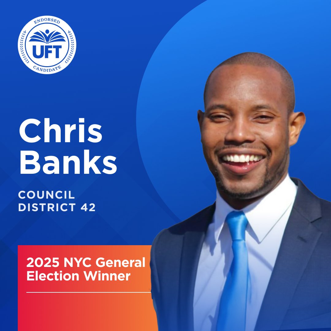UFT_action's tweet image. #NEWS: Congratulations to @Vote4ChrisBanks for winning the NYC Council General Election in CD-42!

#UFTVotes #UFTEndorsed #NYCLaborVotes