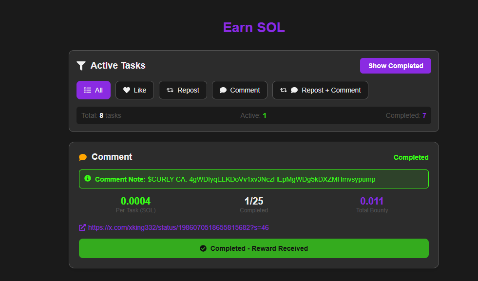 New mission is active, be quick, complete the mission and get $SOL rewards

🔗 curlydot.fun