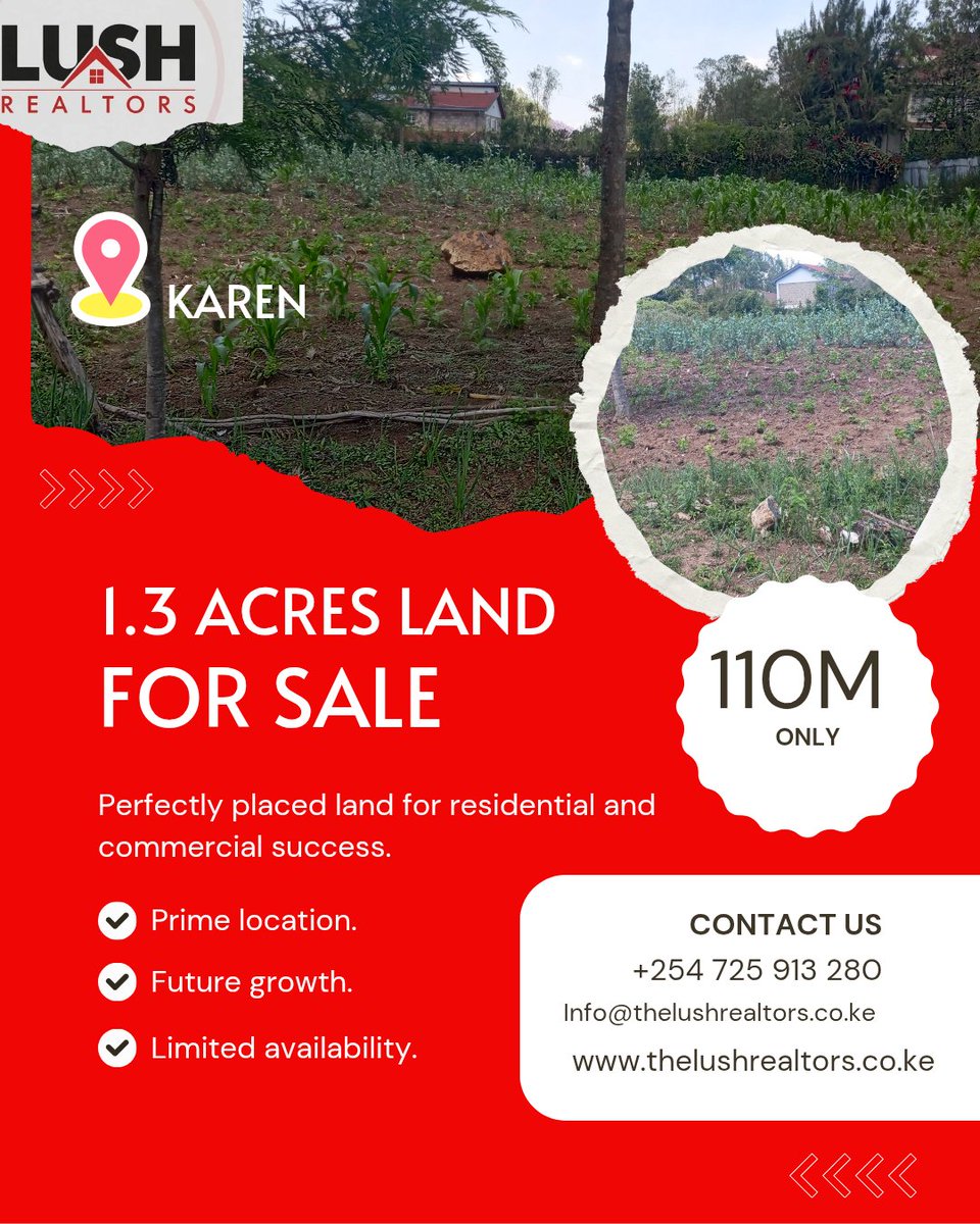 Susangicharu's tweet photo. DEVELOPERS ALERT! 🚨 Rare 1.3 Acre plot for sale in exclusive Karen. Ready for high-end villas/townhouses.
​Price: 110M KES.
​Contact @TheLushRealtors: info@thelushrealtors.co.ke
​#NairobiProperty #KarenLife #Investment https://t.co/PotHcqo13k