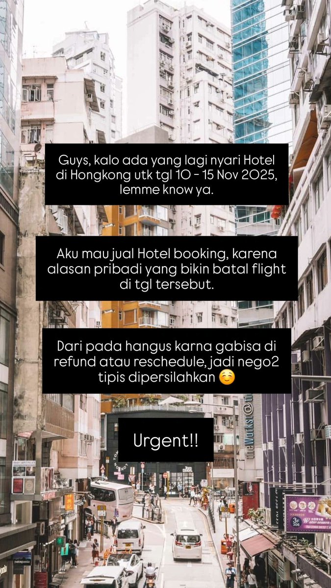 ajeng_ptr's tweet photo. For sell/ want to sell! [URGENT!!!]

Hi, guys! I'm selling a hotel reservation for L’etoile Hella inn in Tsim Sha Tsui, Hongkong on 10 nov 2025 to 15 nov 2025.

Message me if you guys interested or more information. Good deal, great price!
#TsimShaTsui #Hongkong #HotelHongkong https://t.co/Slc9mzfv2k