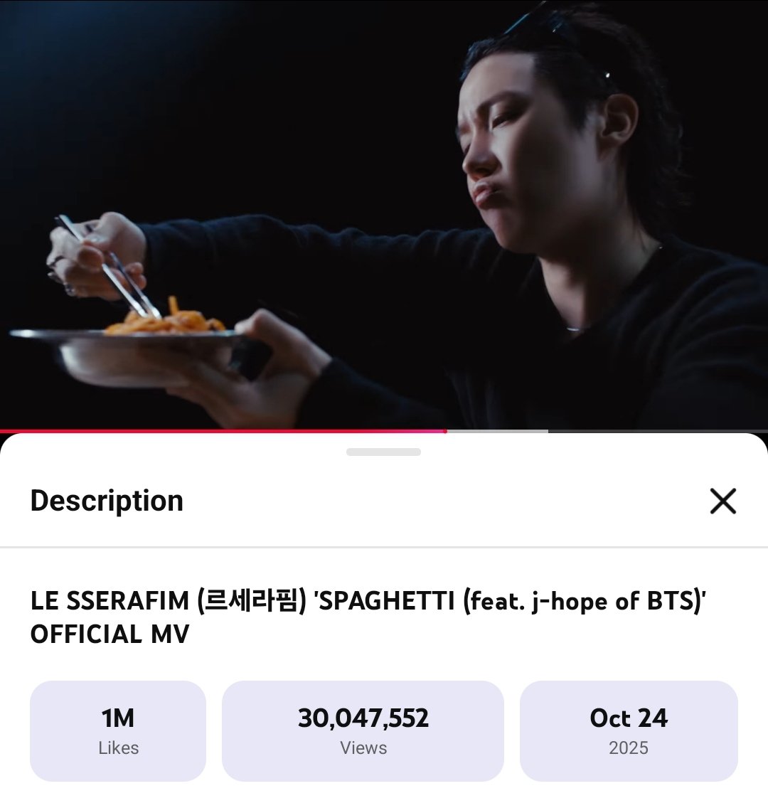 [ يوتيوب ] 
-
الفيديو الموسيقيّ لأغنية "Spaghetti" لفرقة LE SSERAFIM بالتعاون مع جيهوب تجاوز الآن حاجز الـ 30 مليون مُشاهدة عبر منصّة يوتيوب !
-

AD : A