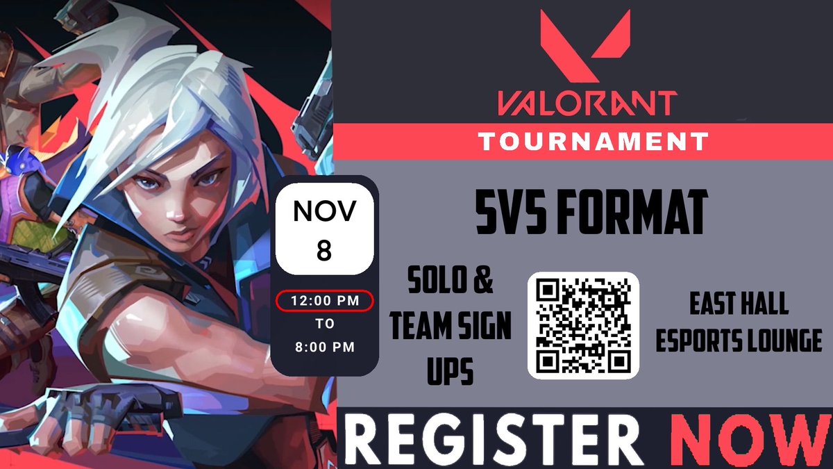 Valorant is back! The tournament will take place on 11/8 at 12PM in the East Hall Esports Lab.

Format: 5v5. We welcome all levels of experience! Sign up as an individual, or with a group of your friends. 

Please fill out this form by 11/6 at 11:59PM: forms.gle/Z6WWyjsdhXt452….