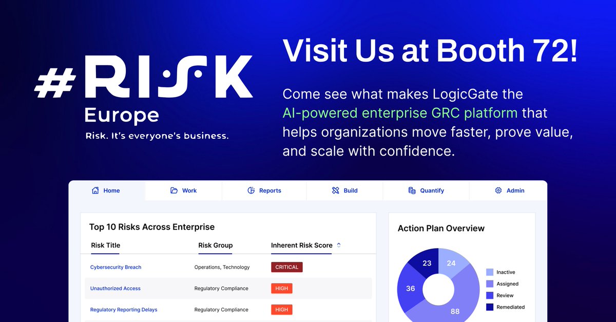 LogicGate's tweet image. We&apos;re heading to #RISKEurope, November 13–14 at ExCeL London! 🇬🇧

Stop by Booth 72 to see why LogicGate is the #AI-powered enterprise #GRC platform helping organizations move faster, prove value, and scale with confidence.