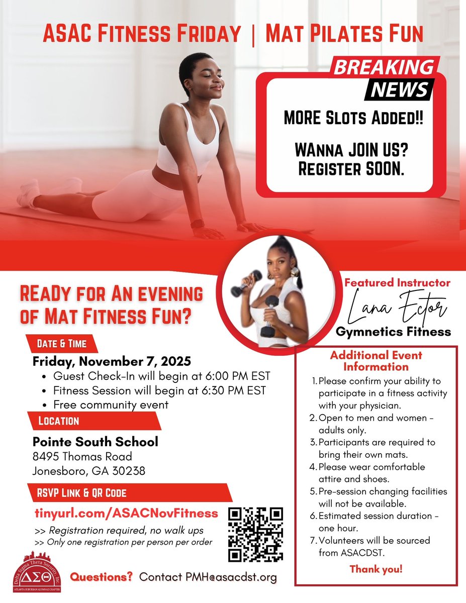 #BreakingNews! A few more spots have been added to our upcoming First Friday Fitness: Mat Pilates Fun session. Yaaayyyy!!!

Register via the flyer's #Link or #QRCode - no walk-ups.   We will see you soon! #ASACPMH #ASACFridayFitness #PilatesRocks #CommunityEvent