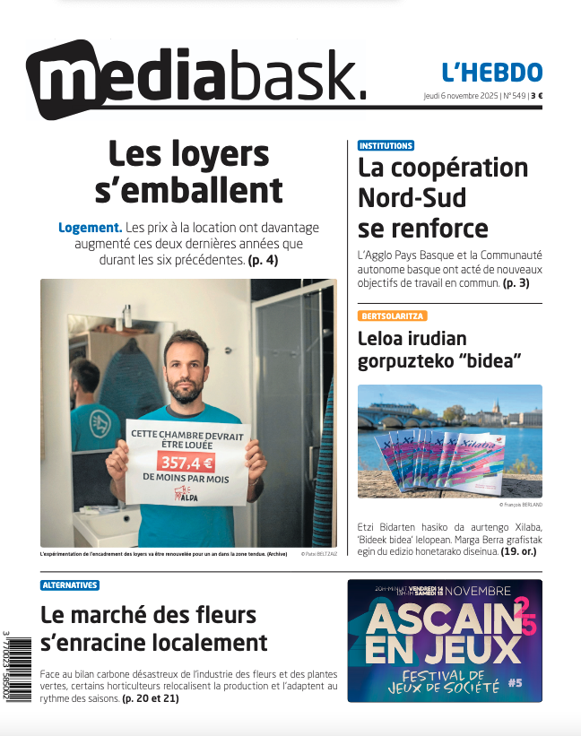 MediabaskInfo's tweet photo. Une de MEDIABASK l'HEBDO ce jeudi ⤵️
👉[DOSSIER] Les chœurs basques en quête d'un nouveau souffle
👉Le prix des loyers s'enflamme
👉[ALTERNATIVES] Des producteurs de fleurs d'une autre culture
👉Xilabaren ibilbidea irudian https://t.co/ZI3XKKey45