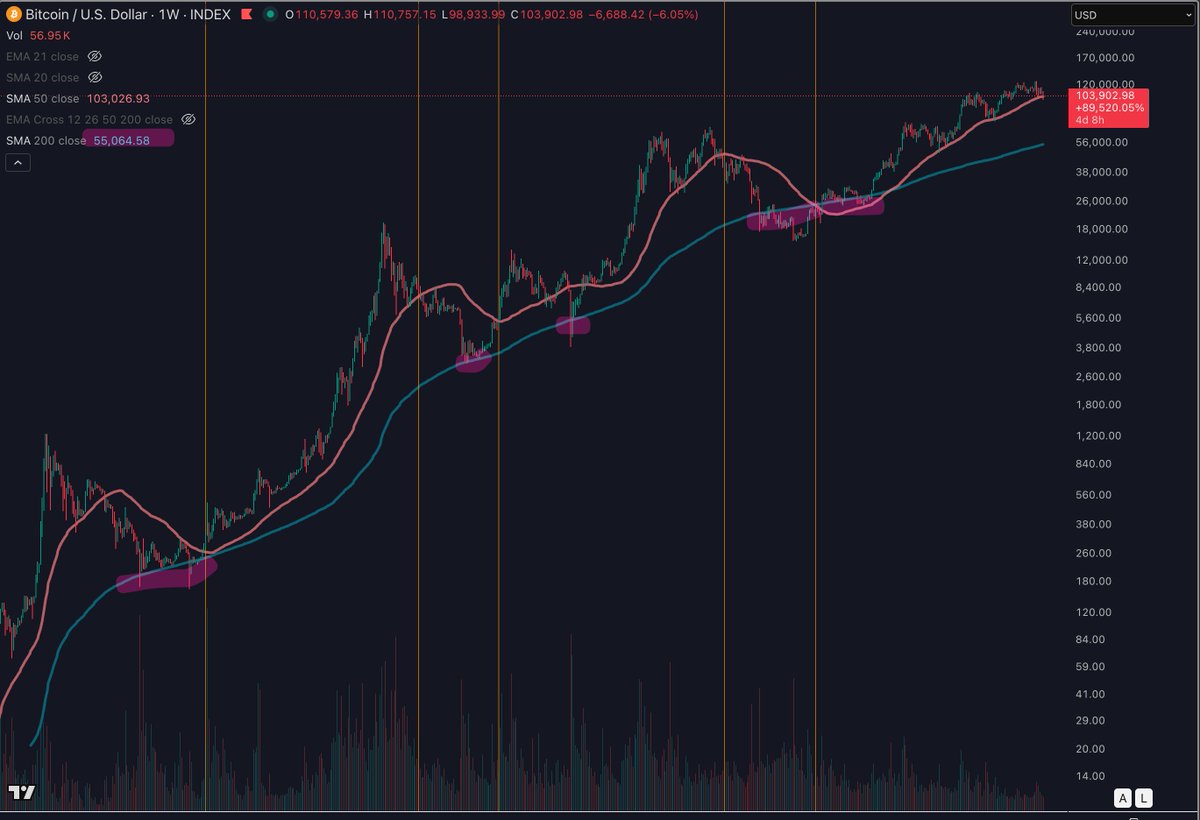 假如，我说假如，现在进入熊市，几个可能的底部：
1. 小熊：True Mean Price 82k（理由是本轮基本没泡沫）

2. 经典熊： Realised Price 55k 约等于 200WMA （理由是历史就能跌这么多）

3. 恐吓你说到5万以下的都是傻逼，就像年初喊单牛顶30万的镜像面傻逼，都应该Block或Mute；