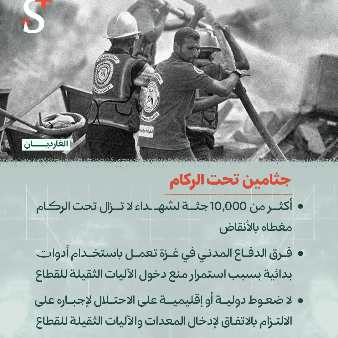 SPlusPal's tweet image. وثقت صحيفة الغارديان @guardian وجود أكثر من 10 آلاف جثة لشهداء من غزة لا تزال تحت الركام، وأشارت لغياب أي ضغط دولي على الاحتلال لإدخال معدّات ثقيلة للبدء بإزالة الركام.