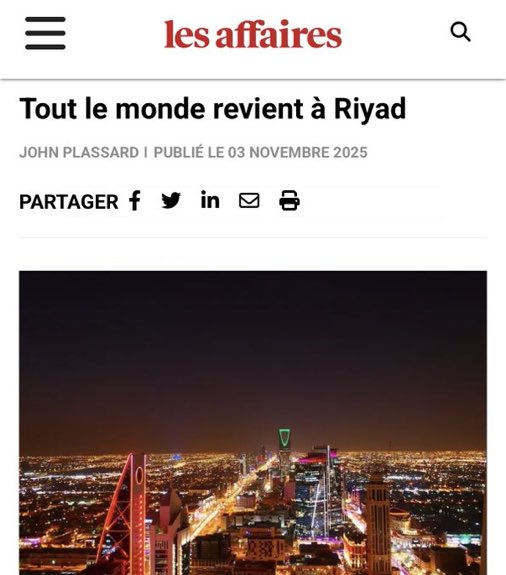 صحيفة Les Affaires الكندية 🇨🇦:

الجميع يعود إلى الرياض 🇸🇦 التي أصبحت لا غنى عنها .