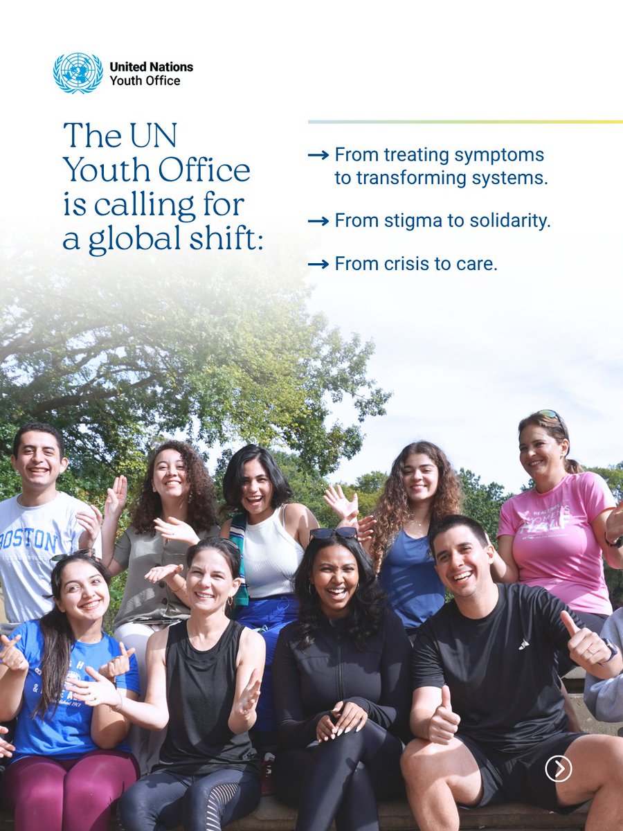 UNYouthAffairs's tweet photo. Youth mental health is not just personal — it’s societal.
 
At #SocialSummit2025, the UN Youth Office launched our Flagship Initiative on Youth Mental Health and Well-being, calling for a shift from treating symptoms to transforming systems.
 
Learn more: https://t.co/f8fx9A6TJ1 https://t.co/bFhR3KIoJn