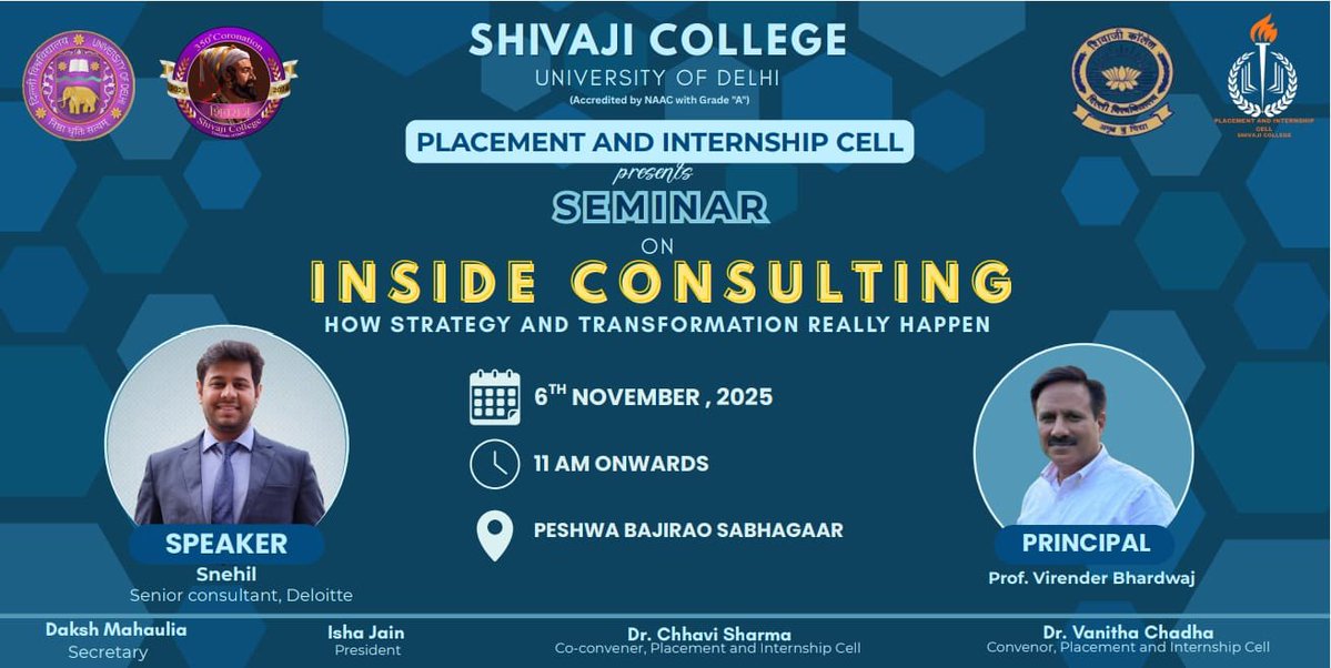 college_shivaji's tweet image. The Placement &amp;amp; Internship Cell, Shivaji College invites you to an insightful session on “Inside Consulting: How Strategy and Transformation Really Happen” by Snehil, Senior Consultant at Deloitte, on 6th November 2025 at 11:00 AM. 
#ShivajiCollege #PlacementCell #SkillBuilding