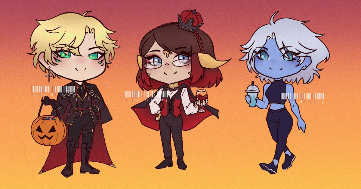 <a href="/AraneoDazai/">Araneo Dazai</a> , <a href="/BloodyQueen_/">BloodyQueen</a>  and Lucia (<a href="/HineHole/">HineHole</a> ) 💛❤️💙

it's october 36th and it's still halloween
#chibi #ych