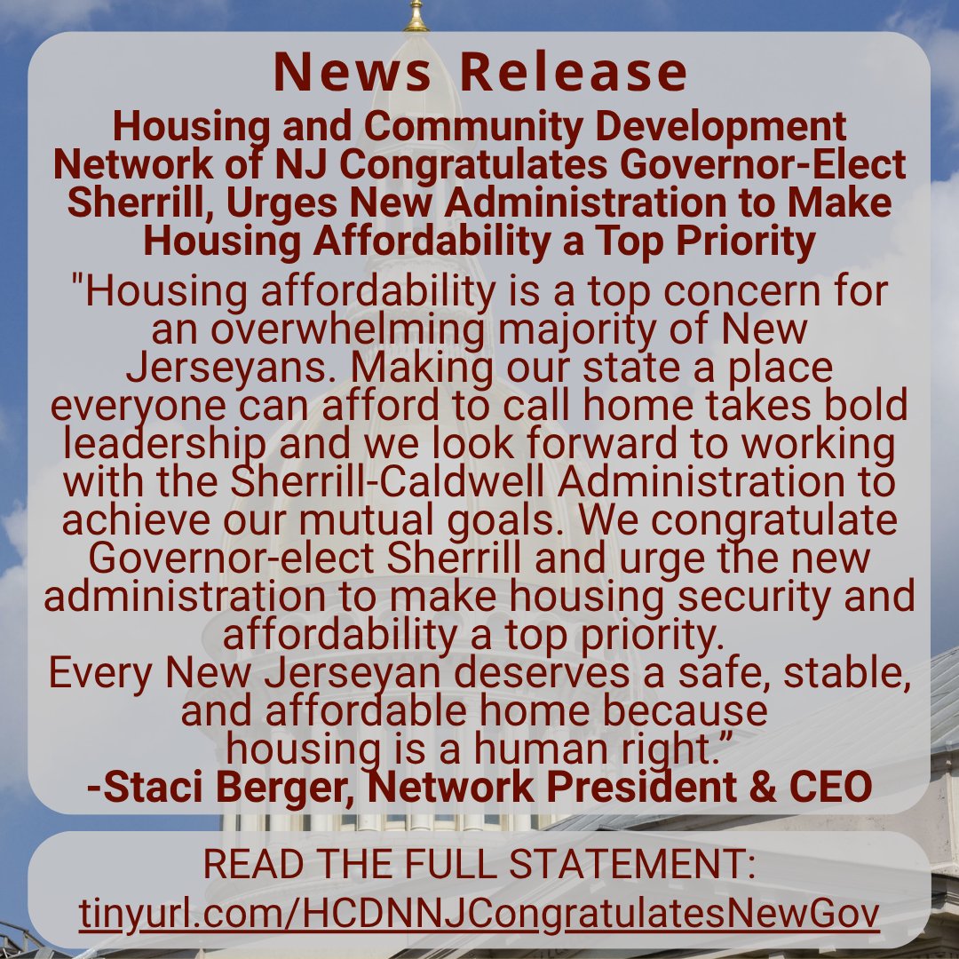 NEWS RELEASE 🗞️

HCDNNJ Congratulates Governor-Elect Sherrill, Urges New Administration to Make Housing Affordability a Top Priority

"We look forward to working with the Sherrill-Caldwell Administration to achieve our mutual goals." -Staci Berger

tinyurl.com/HCDNNJCongratu…