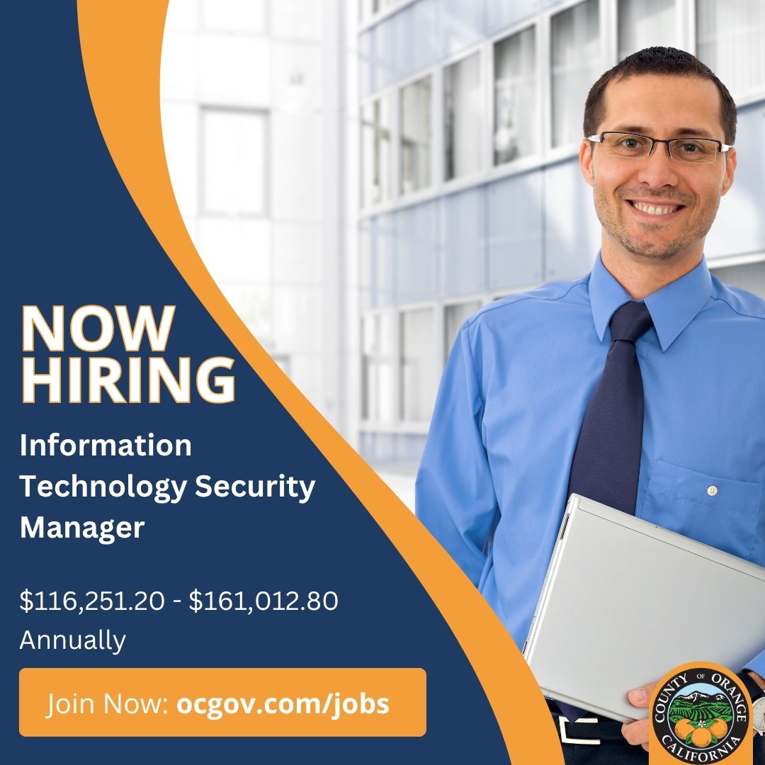 📢Now Hiring: Information Technology Security Manager
Join the Auditor-Controller Office in this professional role performing technical, and analytical duties for the Security and Workflow team.  
#CountyofOrange #OCJobs
Apply by 11/19/2025 at 11:59 PM.
⭐️bit.ly/4nywjDT