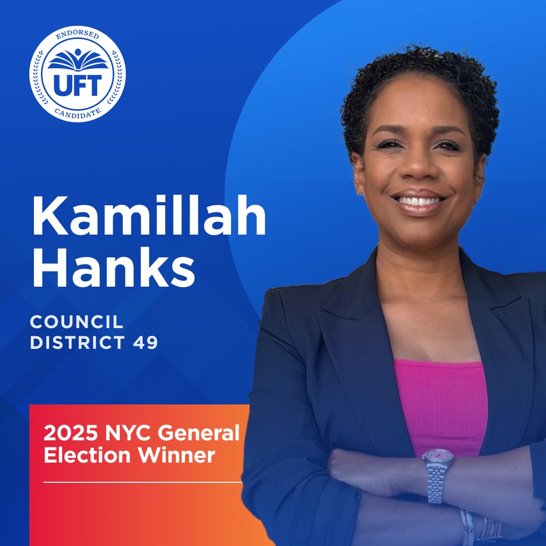 UFT_action's tweet image. #NEWS: Congratulations to @KamillahMHanks for winning the NYC Council General Election in CD-49!

#UFTVotes #UFTEndorsed #NYCLaborVotes