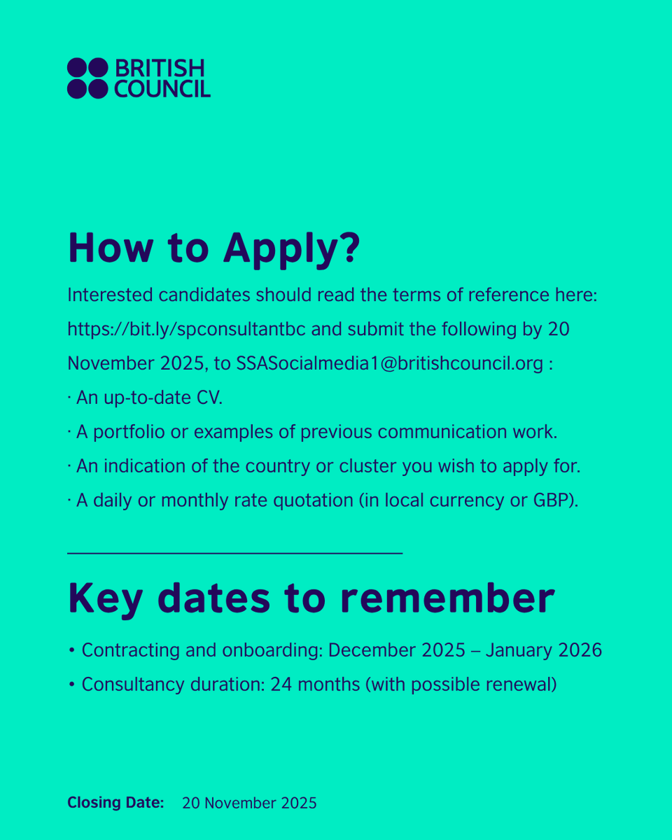 We’re inviting experienced marketing and communications consultants to support our work in arts, education and culture across Sub-Saharan Africa.

📅 Deadline: 20 November 2025
Learn more and apply now: bit.ly/spconsultantbc

#BCCESSA #BritishCouncil