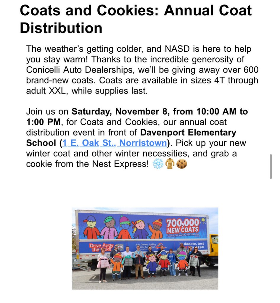 Join us on Saturday, November 8th from 10:00-1:00PM for Coats and Cookies, our annual coat distribution event in front of Davenport Elementary School. Pick up your new winter coat and other winter necessities!