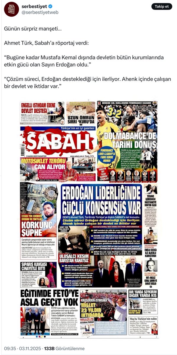 🔴 Kürt siyasal hareketi bundan sonra “onurdan”, “dik duruştan”, “demokrasiden”, “hukuktan” falan bahsetmesin.

👉 Ahmet Türk’ünden Selahattin Demirtaş’ına, ondan Meral Danış Beştaş’ına… hepsi Erdoğan yalakası çıktı. Her biri ayrı rezil.

👉 Öcalan ise zaten “devlet aparatı”