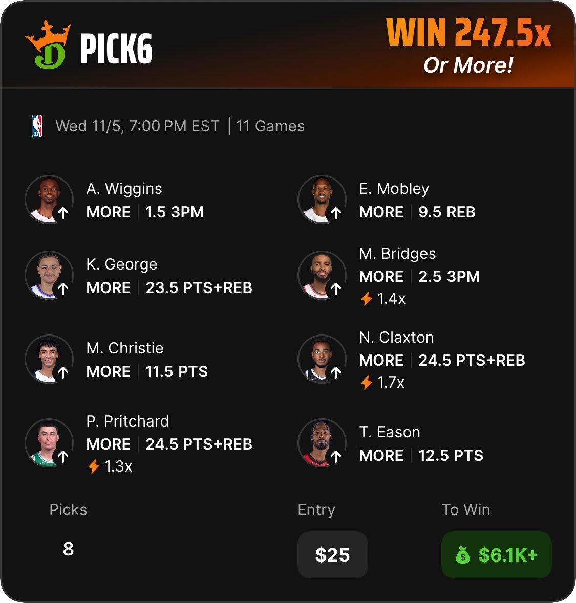 MrGambaholic's tweet image. $50 to (5) people WHO RT &amp;amp; LIKE #247X 🔥🔥🔥 

pick6.draftkings.com/?sport=NBA&amp;amp;pic…