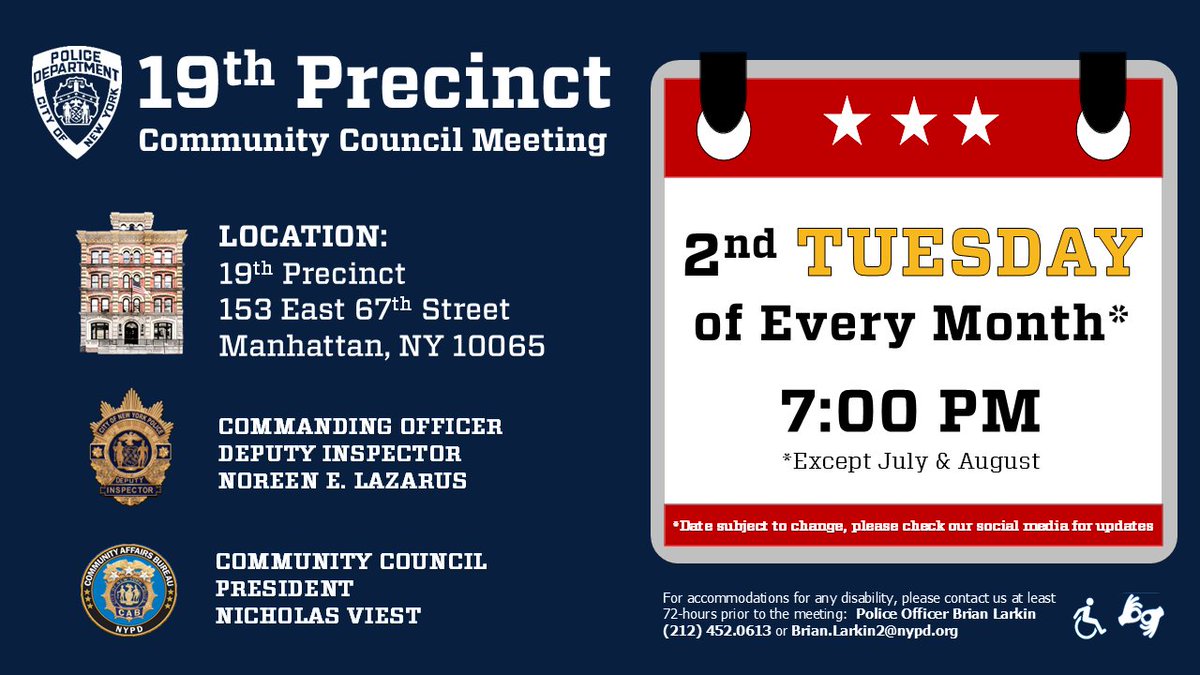 NYPD19Pct's tweet image. Join us for our November Community Council Meeting for the Upper East Side. Hear updates from our Commanding Officer &amp;amp; Council President on Tuesday, November 11th at 7pm!  

We look forward to seeing and hearing you!