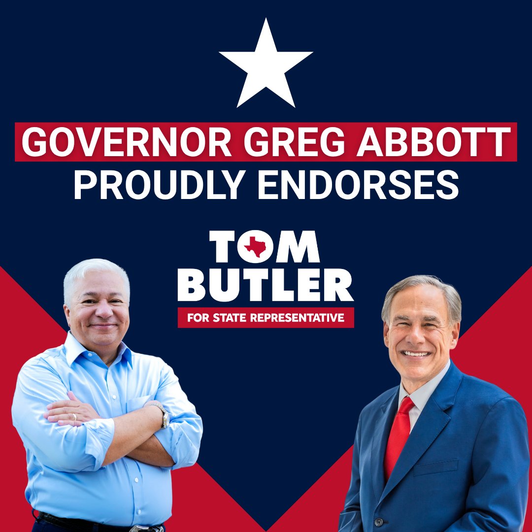 TomButlerTX's tweet image. I’m excited and honored to have the endorsement of Governor Greg Abbott! Together, we’ll fight for hardworking Texans across the district — protecting Texas's oil and gas industry, supporting manufacturing, securing our border, and cutting property taxes. Thank you, Governor!