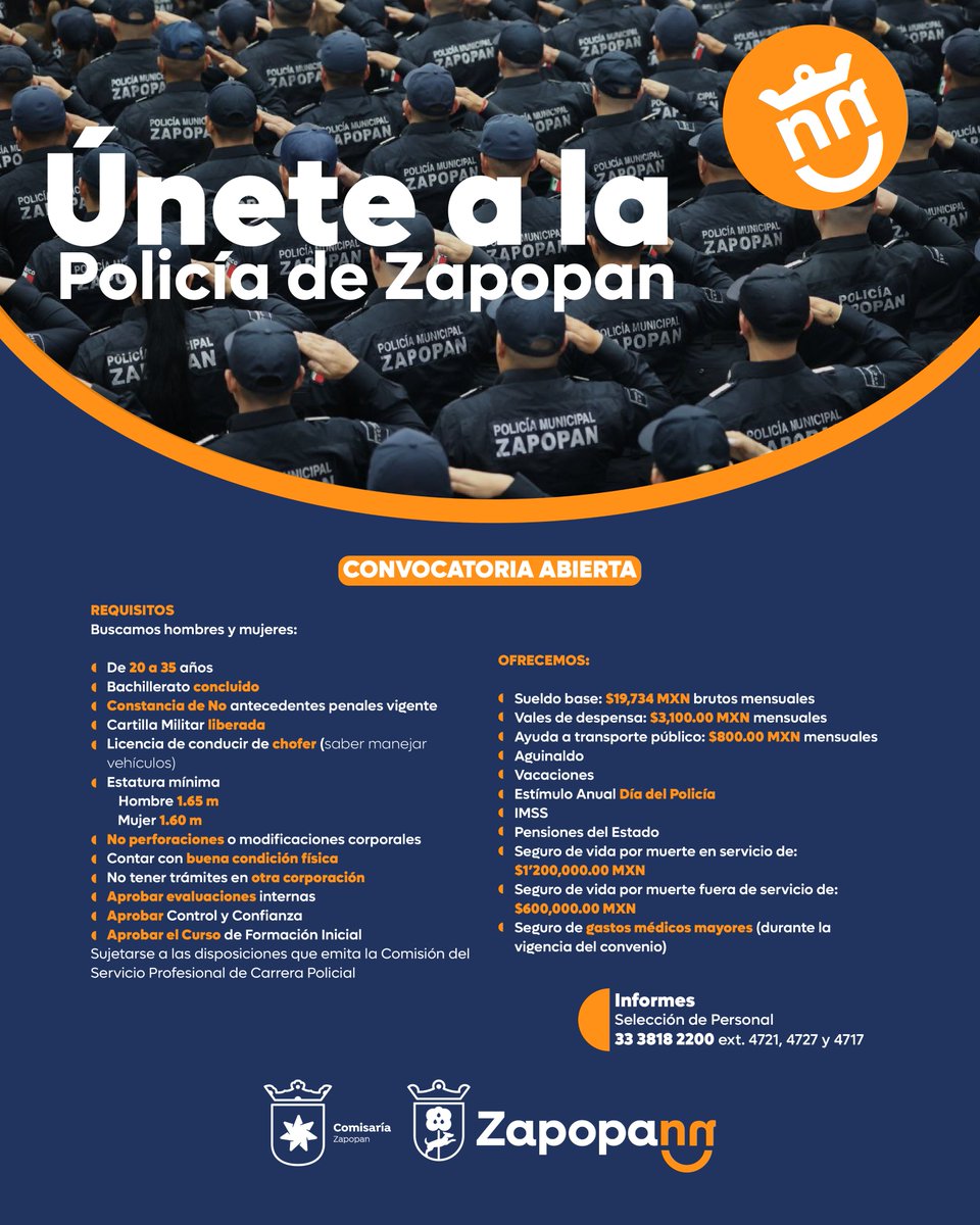 Súmate a nuestro equipo y forma parte de esta gran labor. 👮🏽‍♀️👮🏽‍♂️
 
 Informes lunes a viernes de 9 am a 4 pm. 
 
 Blvd. Panamericano 301. Col Tepeyac o al 3338182200 ext. 4721 y 4727. zapopan.gob.mx/v3/convocatori…