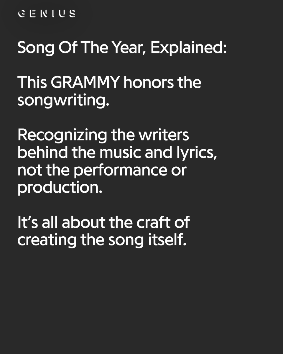 Genius's tweet photo. since the first-ever grammy awards, fans have asked the same question 👀 what’s the real difference between ‘record of the year’ and ‘song of the year’? 

in anticipation of the 2026 nominees dropping this friday, we're here to break it down for you 🤓 https://t.co/rzI8wZG6ja