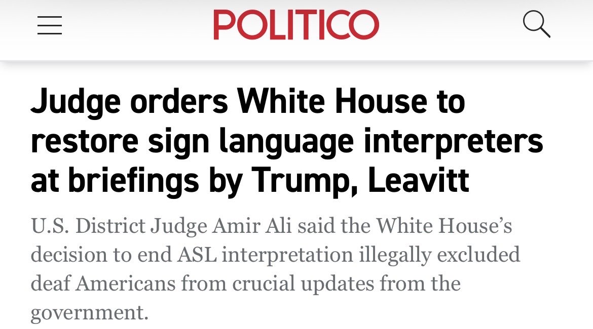 cmadsq's tweet image. A federal judge said the decision by Trump WH to end #signlanguage interpretation at briefings by Trump &amp;amp; Leavitt likely violated the Rehabilitation Act &amp;amp; harmed #deaf people who communicate in #ASL.

To recap: Trump&apos;s admins. discontinued ASL interpreters at 2025 press…