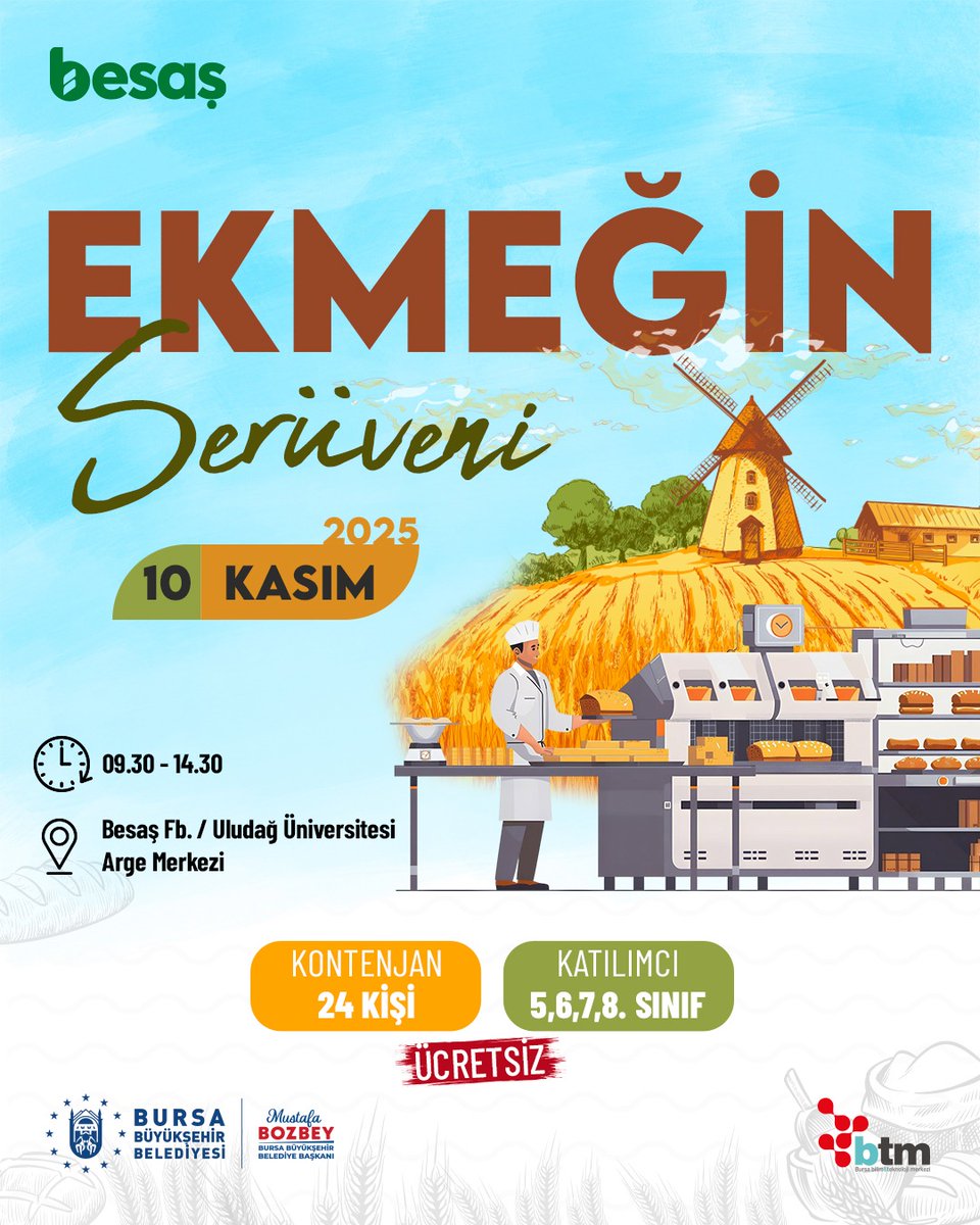 BursaBTM's tweet photo. 🍞 Ekmeğin serüvenine yolculuk başlıyor! 🥖

Bursamızda doğaya, bilime ve üretime ilgili öğrencilerimizle birlikte BESAŞ fabrikamızda ve  BESAŞ Ar-Ge Merkezimizde ekmeğin doğadan sofraya uzanan serüvenini keşfe çıkıyoruz! 🌾✨
💫
👉 Kayıt için: https://t.co/f4tCScE1kz https://t.co/b4CIaY6RvO