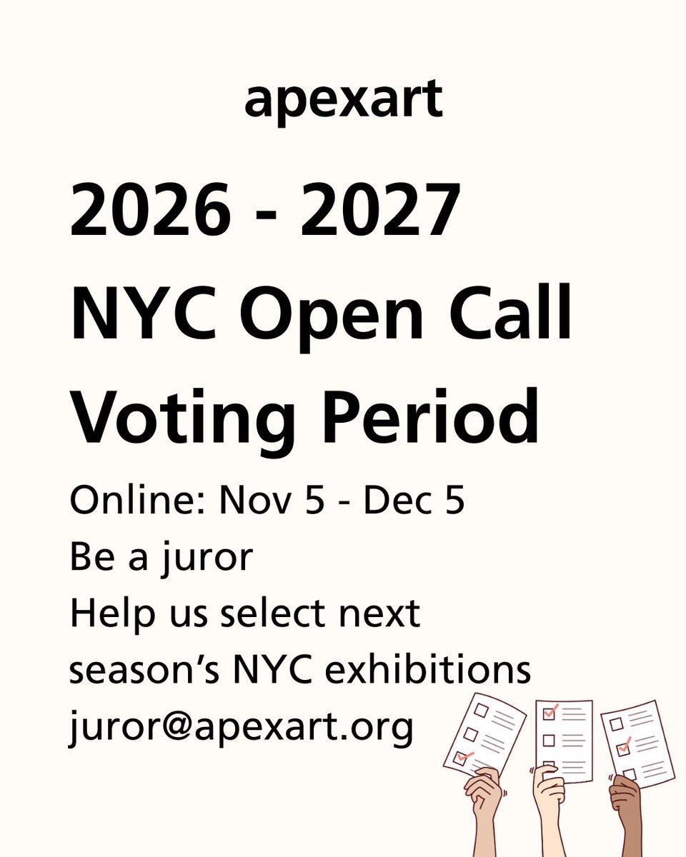 apexart's tweet image. Join our jury and vote for our upcoming NYC season! 

Sign up: apexart.org/juror-maker/ju…

For teachers, we have a classroom jury program. Let your students be part of the exhibition process.

Voting is online Nov 5 - Dec 5 11:59pm PST

Email juror@apexart.org for questions