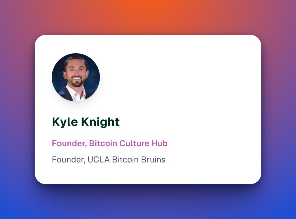 btcculturehub's tweet photo. 🎤 Summit Speaker Spotlight: Kyle Knight

⚡️ Kyle is the founder of Bitcoin Culture Hub, a platform uniting builders, artists, and educators shaping the cultural frontier of Bitcoin.

🎓 A UCLA Anderson MBA graduate and founder of the Bitcoin Bruins club, Kyle has been a driving force in engaging Gen Z through Bitcoin education, culture, and community-led innovation.

🧡 Hear Kyle share insights on building the next wave of Bitcoin culture at the Bitcoin Students Network Summit on Nov 21st.

🔗[https://t.co/bFvLanVnLE]