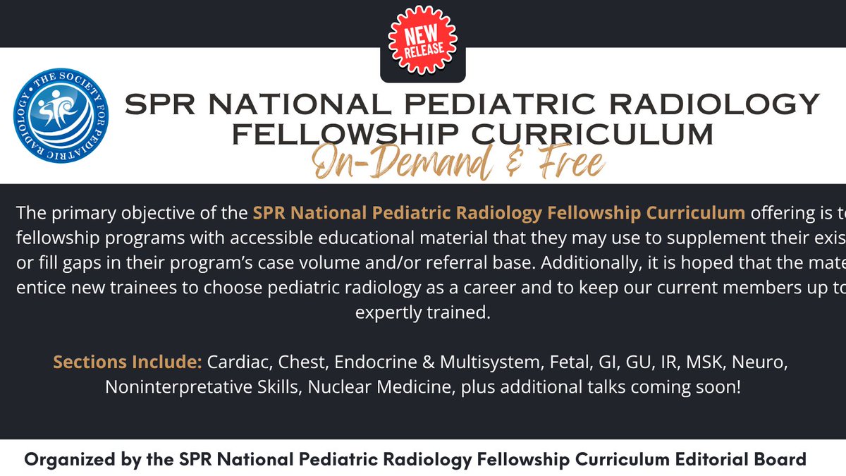 Now online - <a href="/SocPedRad/">The Society for Pediatric Radiology</a> presents the National Pediatric Radiology Fellowship Curriculum! Stream 40 #PedsRad educational talks—accessible now with your SPR login (free for trainees!). More talks releasing soon. bit.ly/4owvxby #imagingourfuture