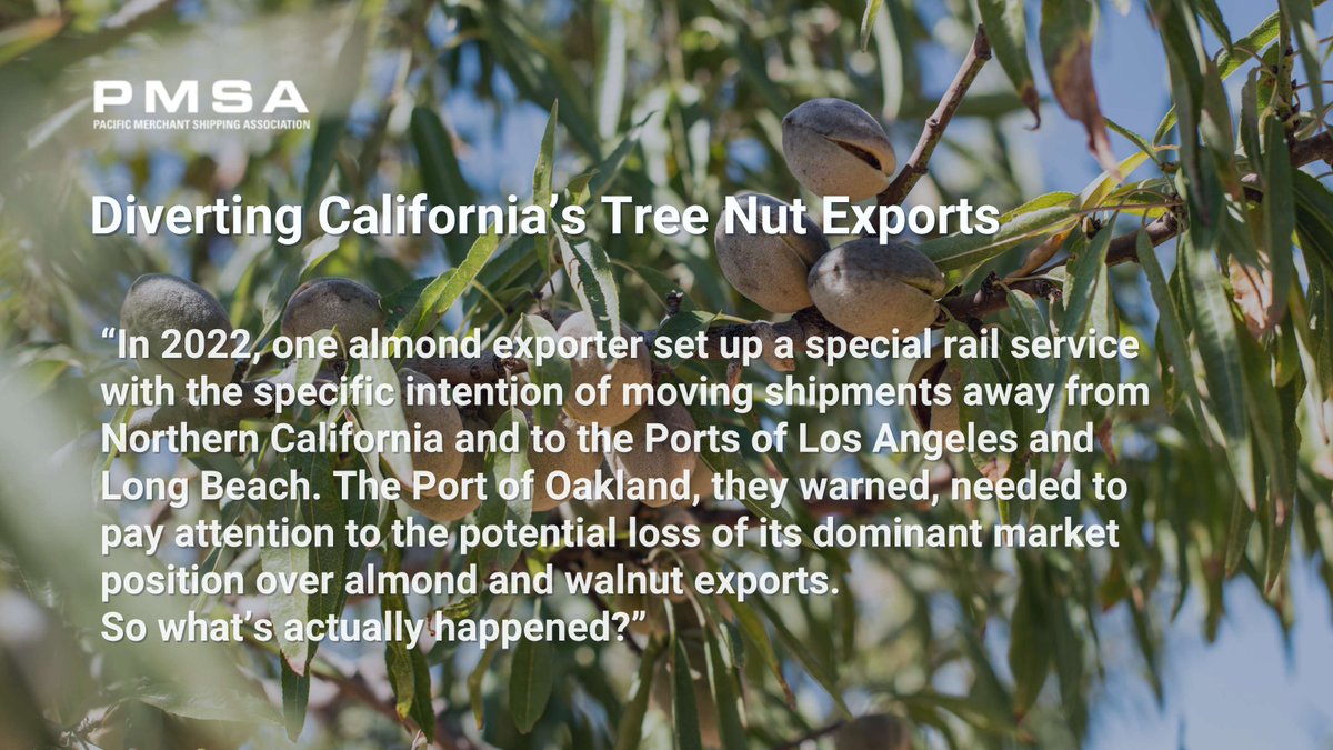 California’s tree-nut export lanes are shifting. The share of exports via the Port of Oakland has declined while the Port of Los Angeles &amp; Port of Long Beach are gaining ground—what's driving the change? Read more: ow.ly/847t50XiCue 
#TreeNuts #ExportLogistics #PortVolumes
