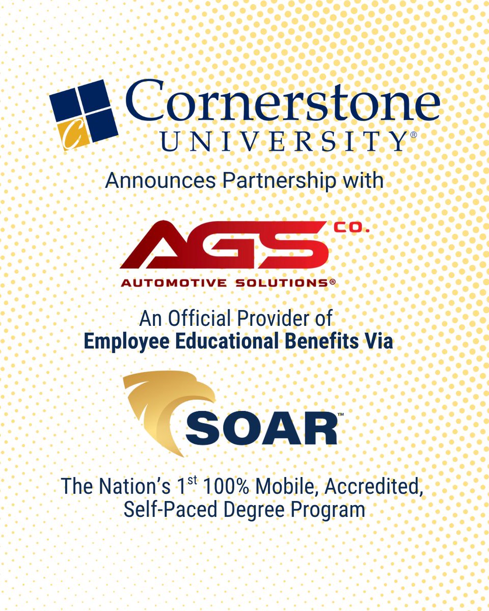 Welcome AGS Company, a Michigan employer of choice empowering employees through SOAR™ by <a href="/CornerstoneU/">CornerstoneU</a> with flexible business degrees. Partner with us: go.cornerstone.edu/newpartner

#SOARbyCornerstoneUniversity #AGSCompany #Upskill #LeadershipGrowth #AdultEducation #EducationBenefit