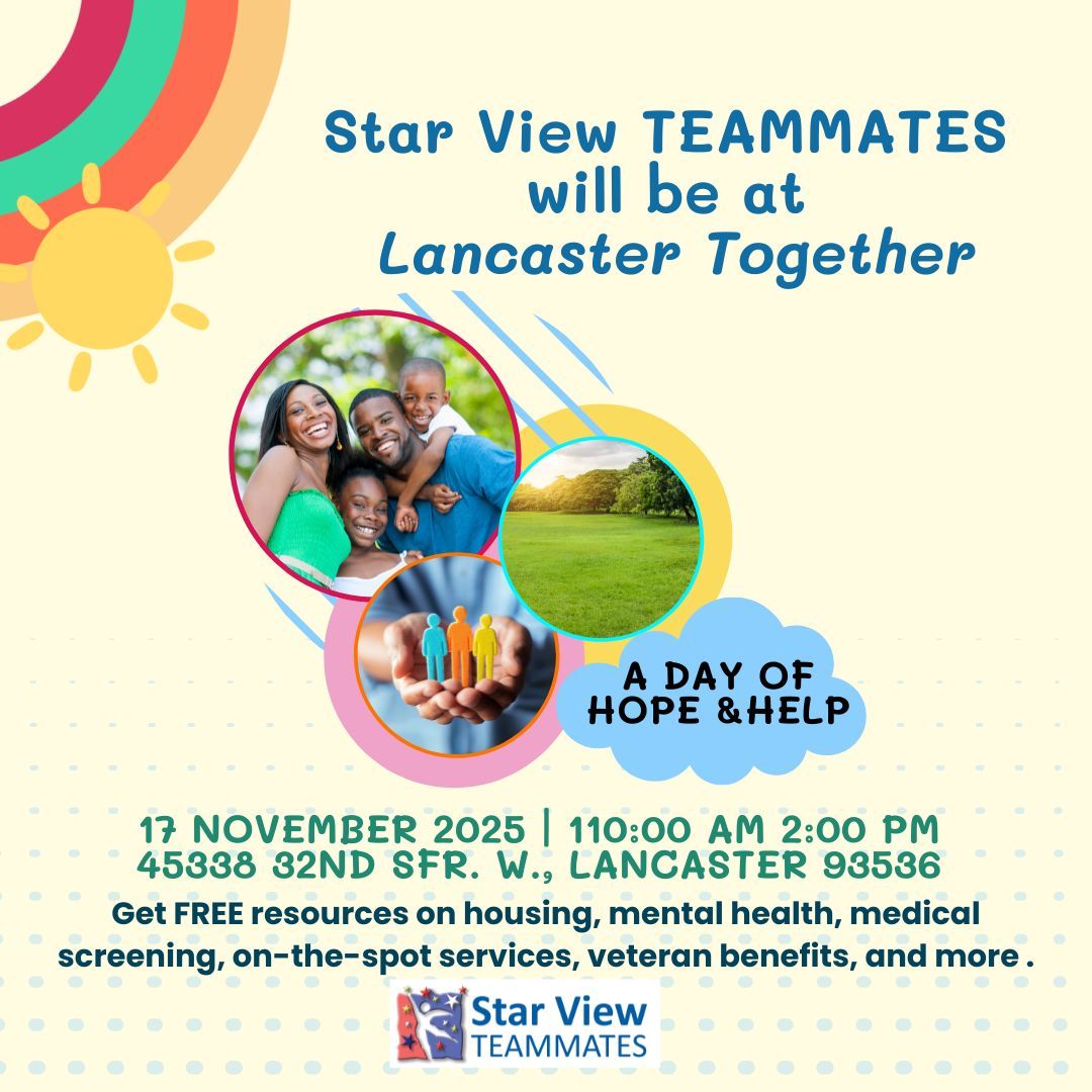 StarsBehavioral's tweet image. Join Star View TEAMMATES at the Lancaster Together event on Nov 17, 11 AM–2 PM! Free resources for mental health and more. 45338 32nd St W, Lancaster.#LancasterTogether #HopeAndHelp ⭐ #PeopleForPositiveChange