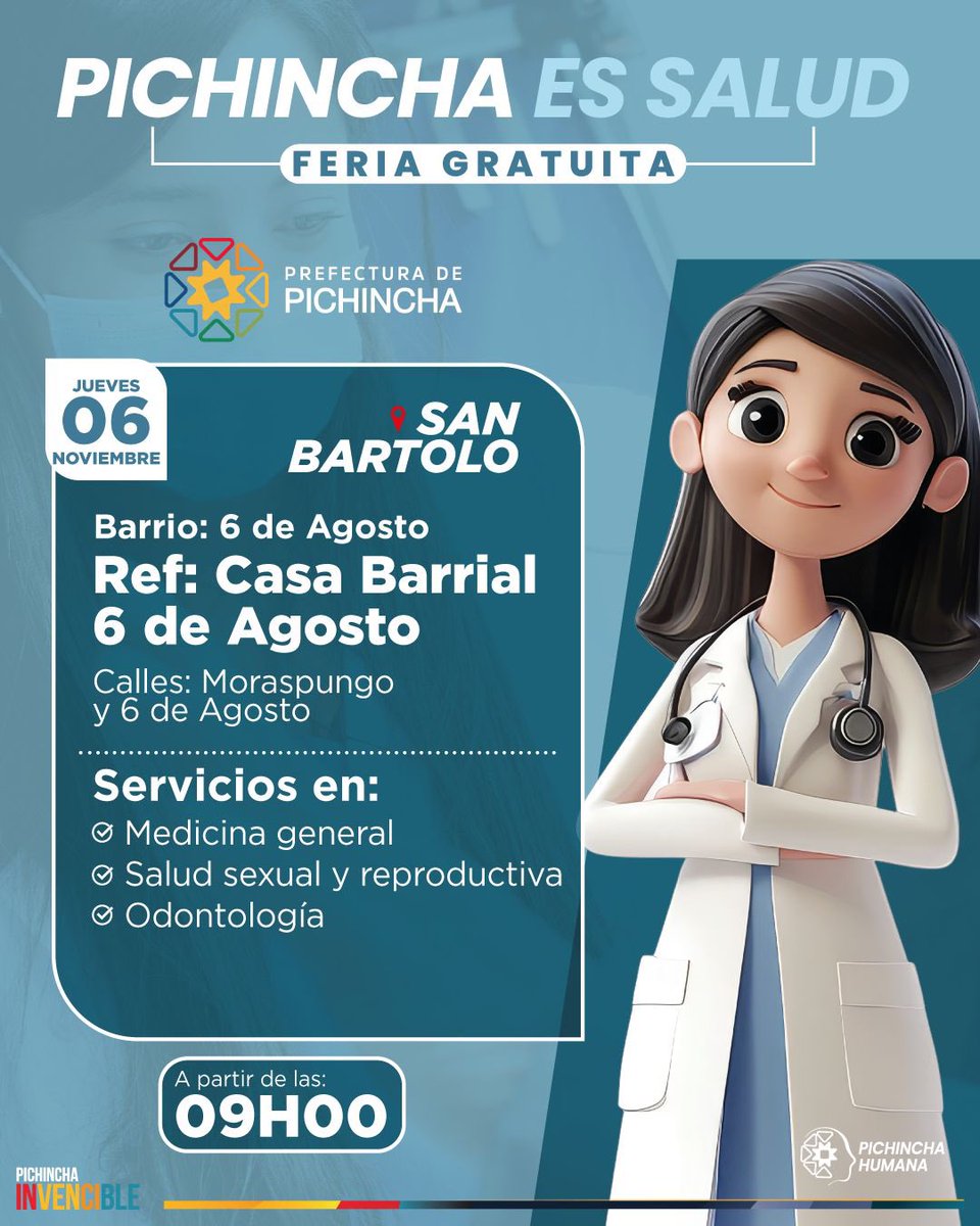 ¡Es momento de cuidar tu salud y la de tu familia, totalmente GRATIS! 🩺

Este jueves 6 de noviembre, llega nuestra Feria #PichinchaEsSalud a #SanBartolo. 

A partir de las ⏰09h00 podrás acceder a:

✅ Medicina general
✅ Salud sexual y reproductiva
✅ Odontología

👨‍👩‍👧‍👦 Trae a tu