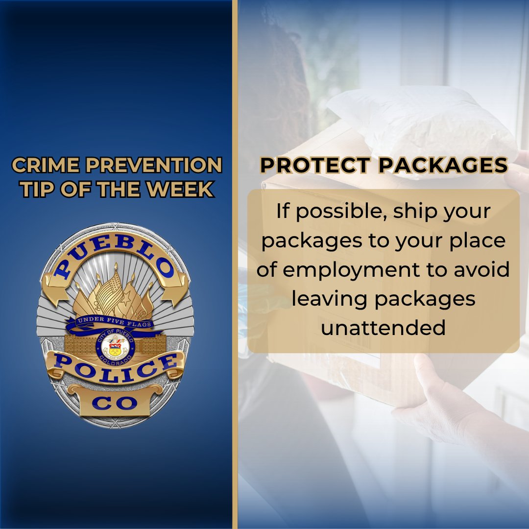 PuebloPolice1's tweet image. Crime Prevention Tip: Prevent porch theft! 🚫📦 Have packages delivered to your workplace for added security. Use tracking services to stay updated and consider smart home tech like cameras or doorbells for real-time monitoring. 

#CrimePreventionTip #PackageTheft #HomeSecurity