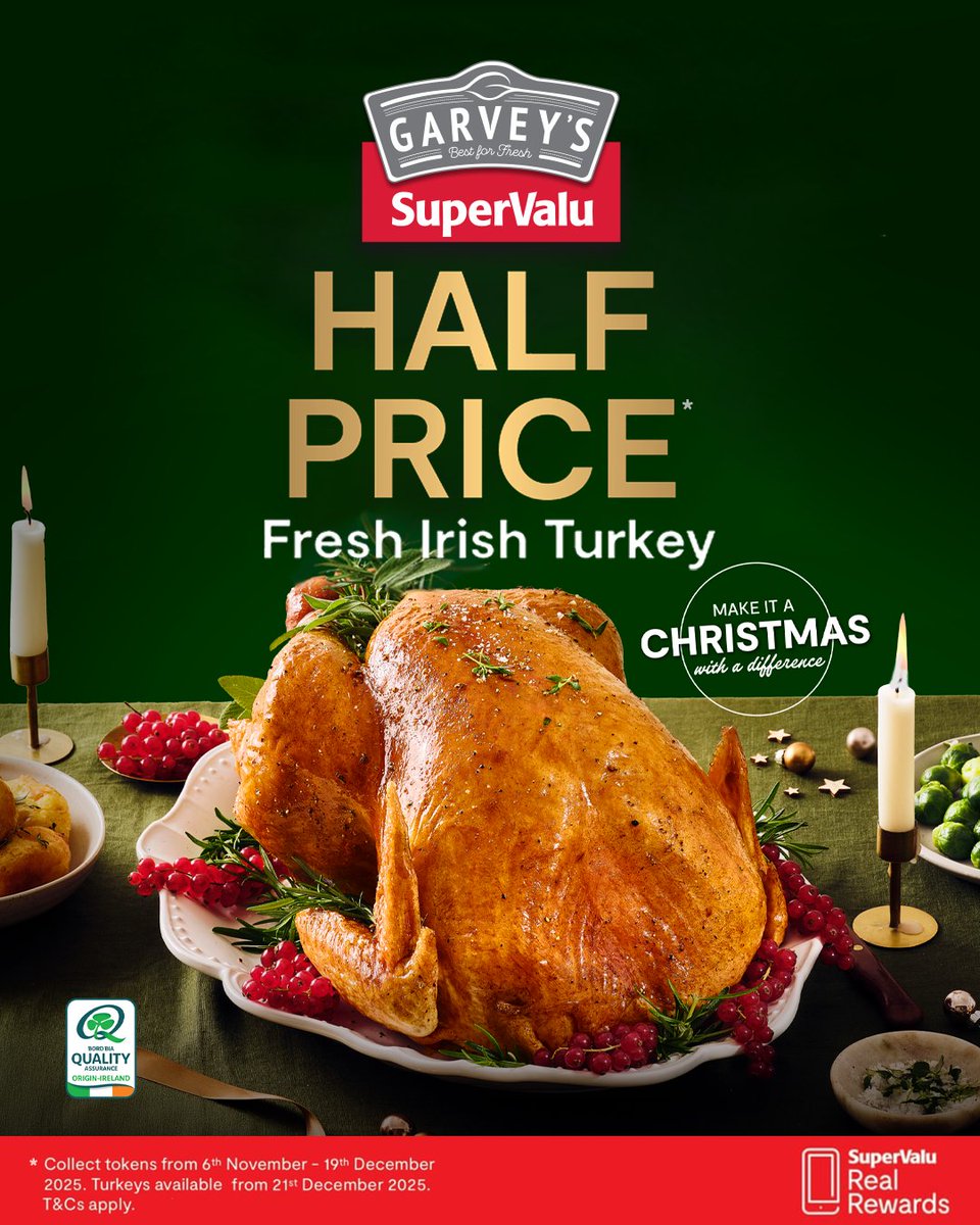 🎄🌟 Start collecting your Turkey Stamps NOW ‼️ 

⚡️ HALF PRICE ⚡️
SuperValu Fresh Irish Turkey with Turkey Stamps

Scan your Real Rewards card to collect 1 Turkey Stamp for every €10 spend. Offer valid til 19th Dec 2025. T&amp;Cs apply, see in store for details.
#GarveysSuperValu